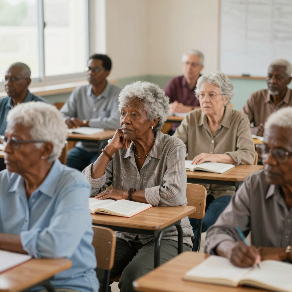 Senior students sitting at desks in a classroom for lifelong learning and adult education.