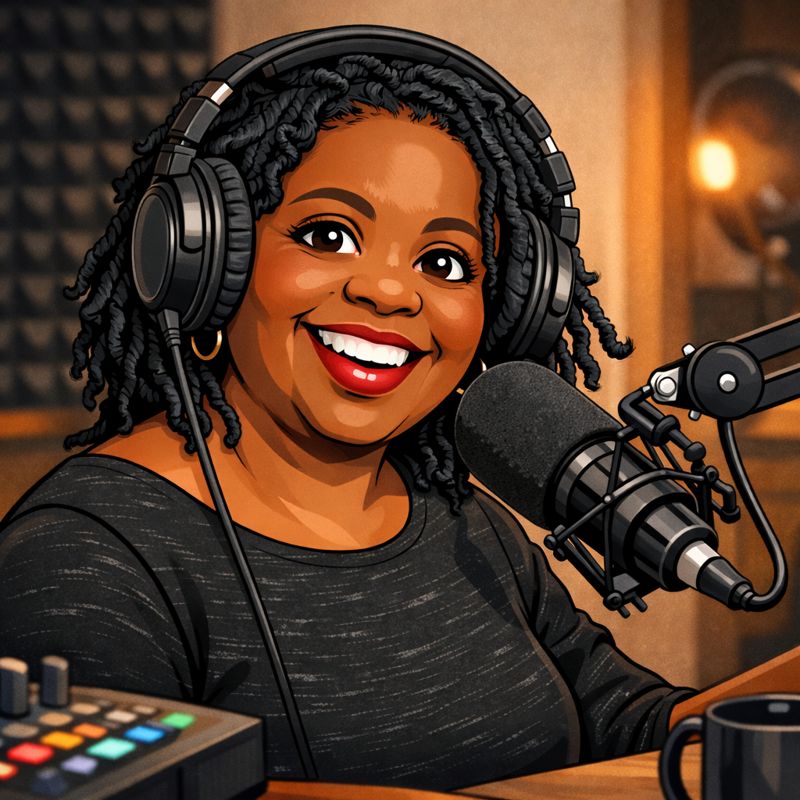 Cartoon image of podcast host Karyn Beach with a mic and a headset.