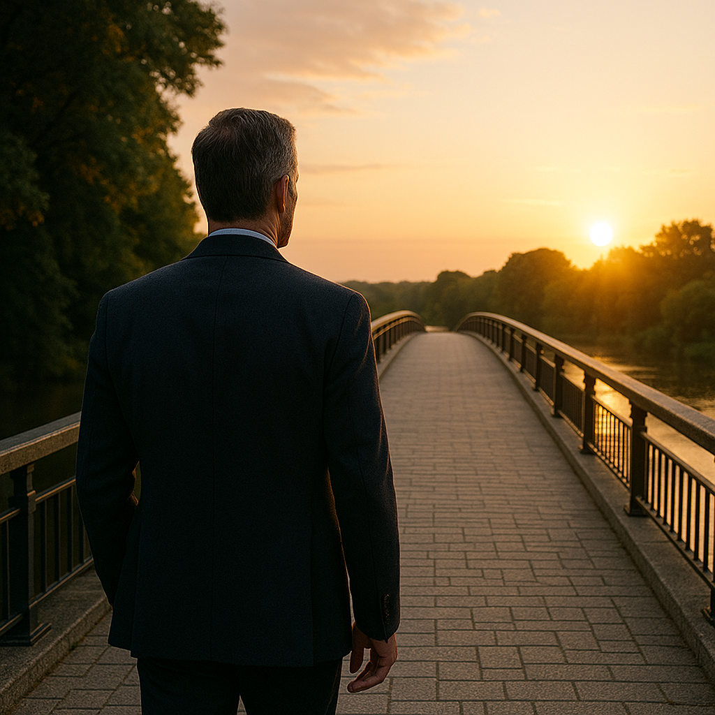 a man in a suit and tie standing on a bridge secret addiction
