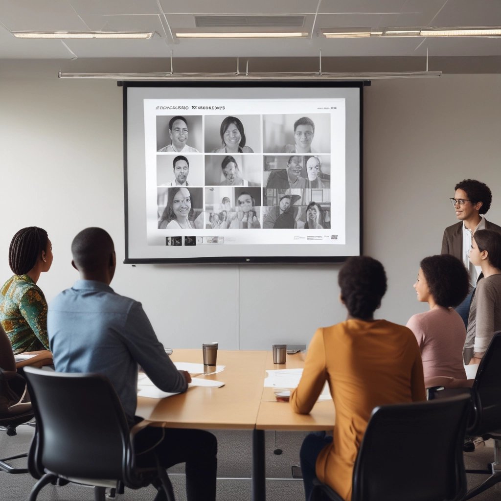 Bright office space with modern technology, a speaker, and a table of diverse audience members.