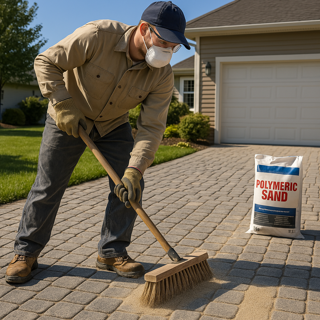 Polymeric sand being swept into interlock paver joints in Toronto