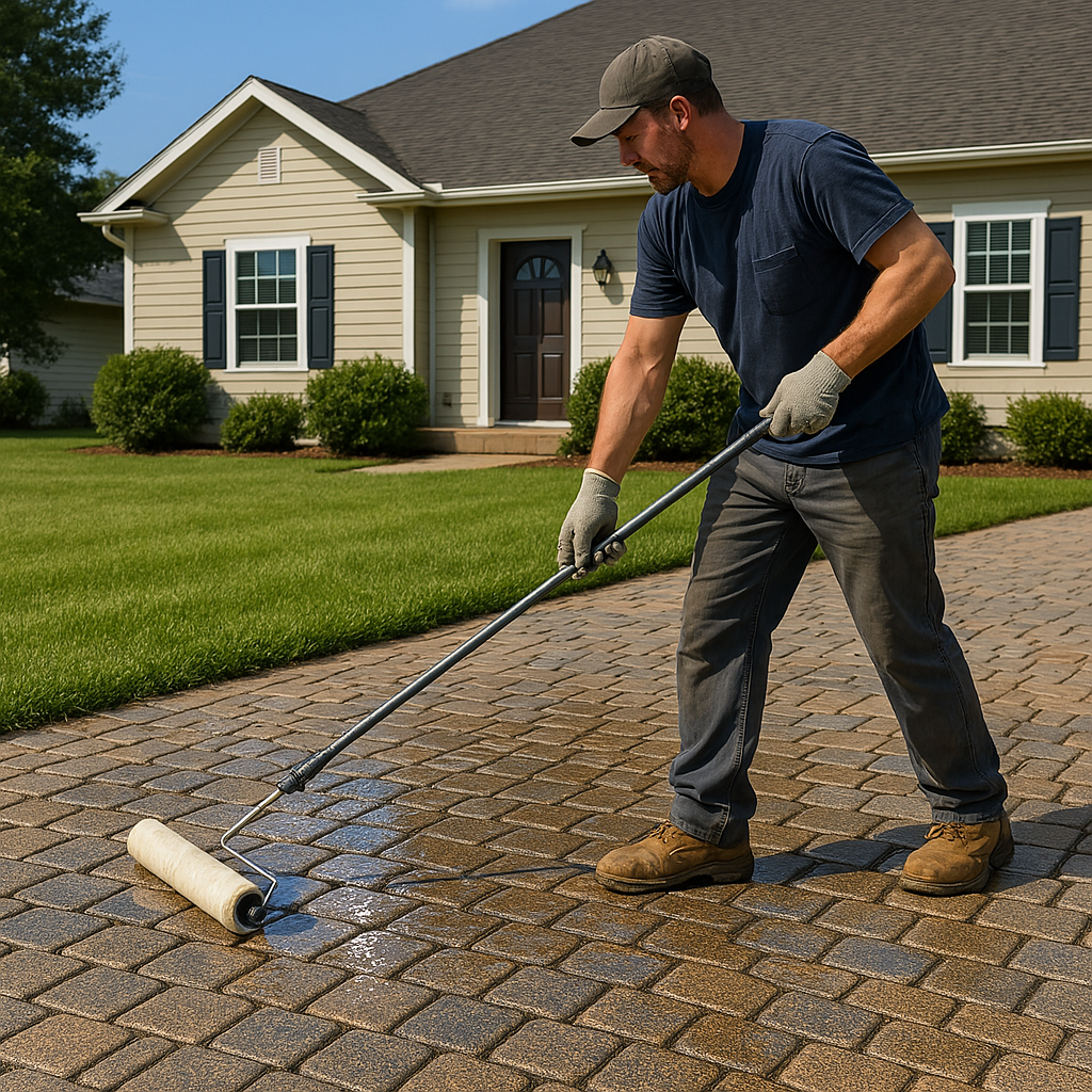 Professional driveway sealing service on cobblestone driveway