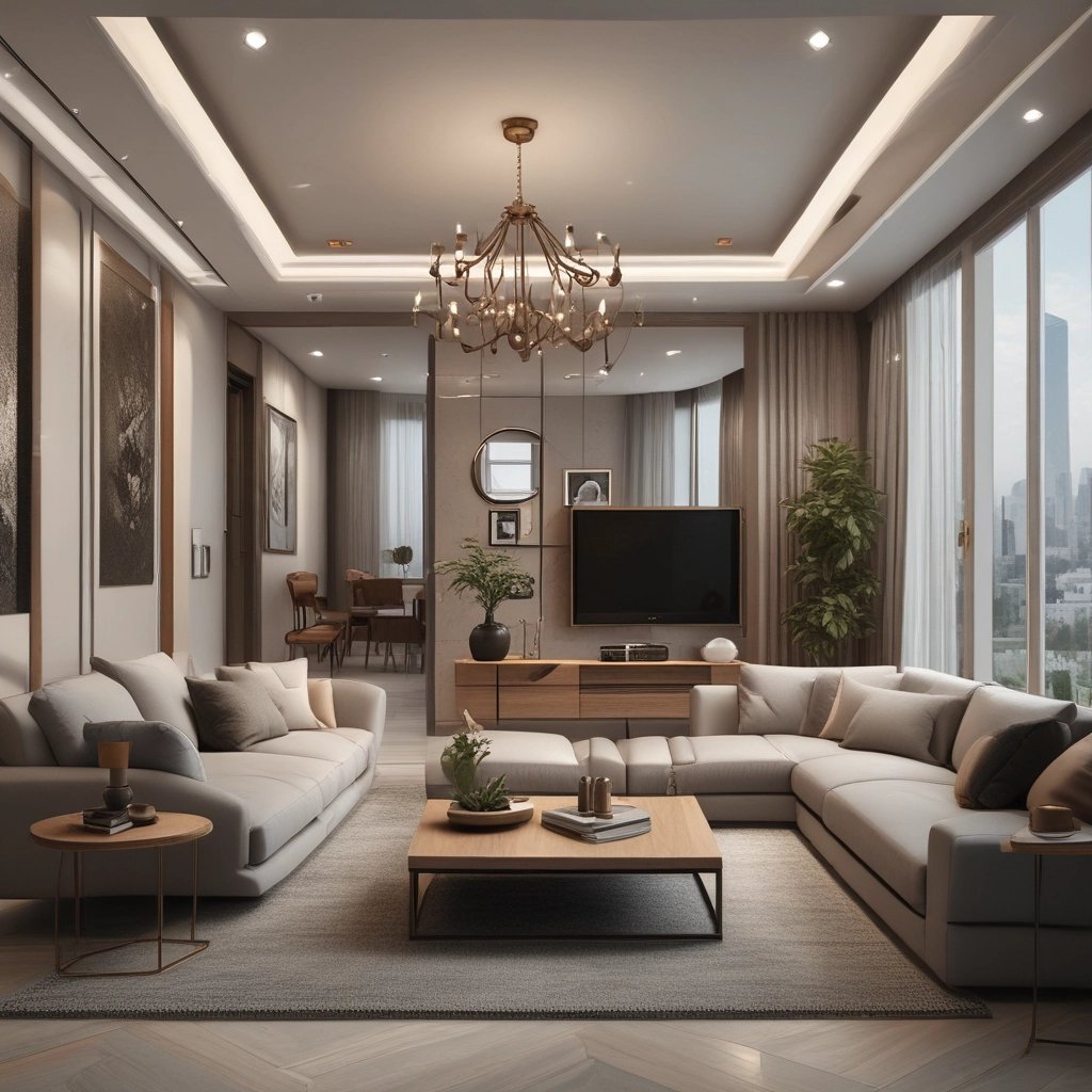 A modern furniture showroom with several sofas and beds displayed. The interior is illuminated with ceiling lights and features white brick columns. A person is seen sitting on a chair in the background.