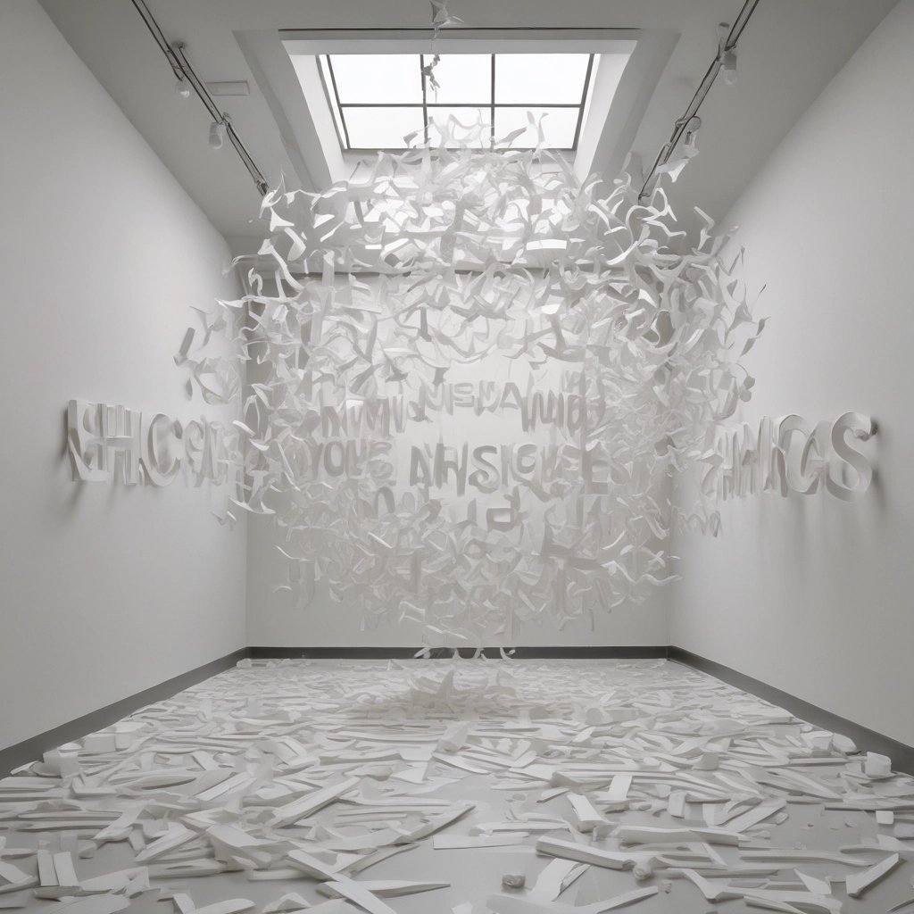 A sleek, dark-themed 3D digital gallery space with interactive art installations glowing softly in deep burgundy accents.