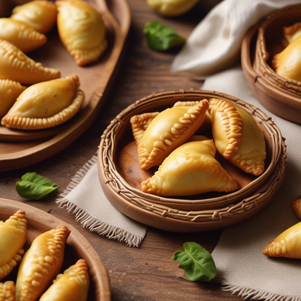 An assortment of baked pastries and empanadas on display with labels indicating different types and prices. The pastries are neatly arranged in rows, showcasing various fillings and crusts. The warm lighting emphasizes the golden-brown color of the baked goods.