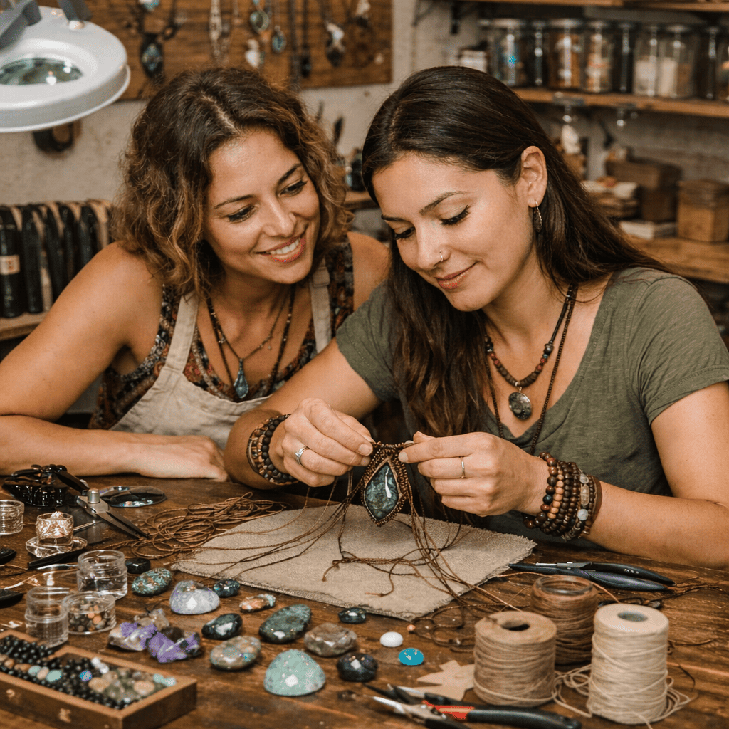 Dos artesanas elaborando joyería de macramé hecha a mano con piedras preciosas en una mesa de taller