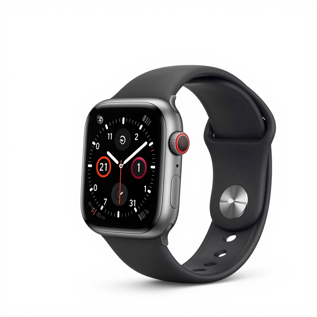 Space gray Apple Watch Series 4 with a black sport band and analog watch face on a white background.