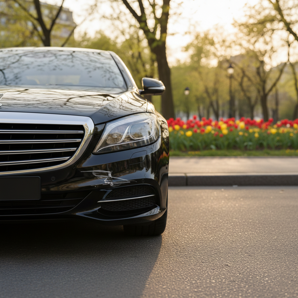 Scratched front bumper of a black luxury sedan parked on a city street near tulips.