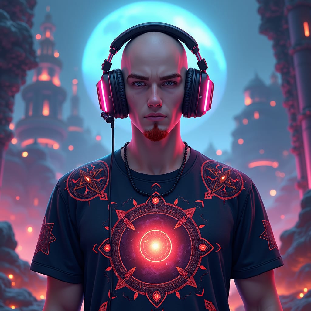 An anime-style picture of a man with a red goatee and headphones