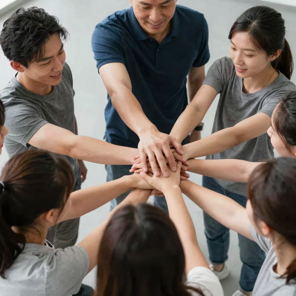 A group of hands interlocked, symbolizing unity and teamwork. The hands are of different skin tones, indicating diversity. The background is slightly blurred, emphasizing the focus on the hands in the center.