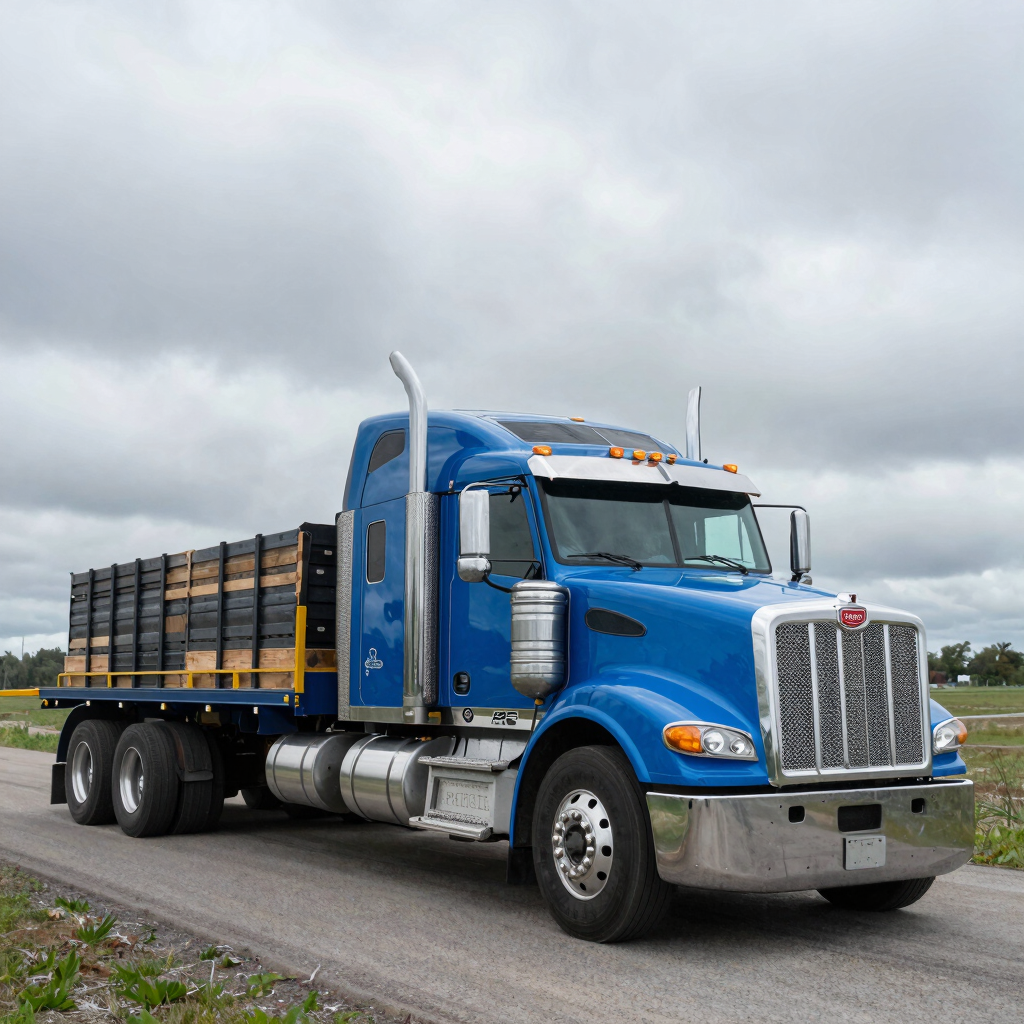 trailer truck passing on road near rail guard