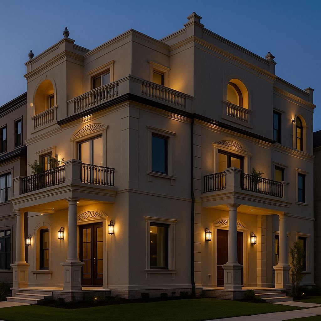 a large house with a clock on the front of it  | Nour Nagy Designs