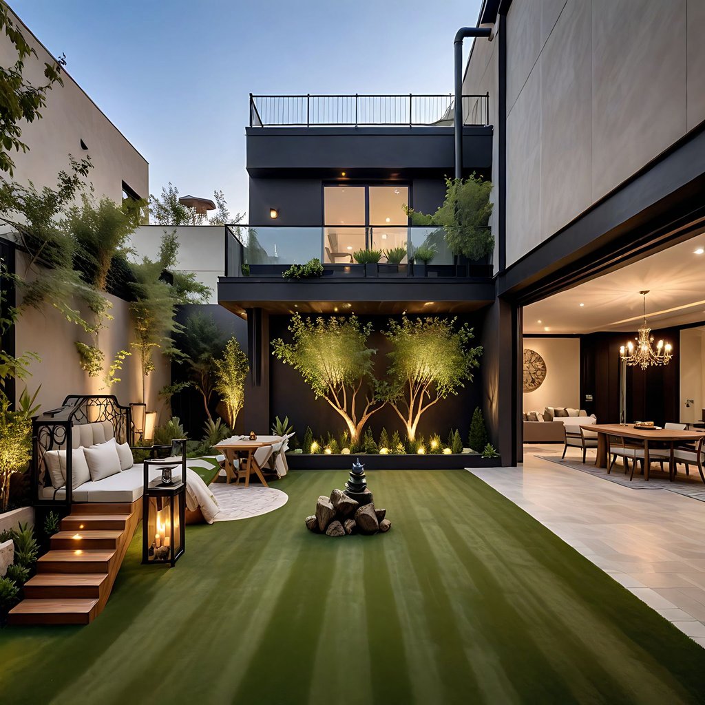 a modern house with a large lawn and a fire pit  | Nour Nagy Designs