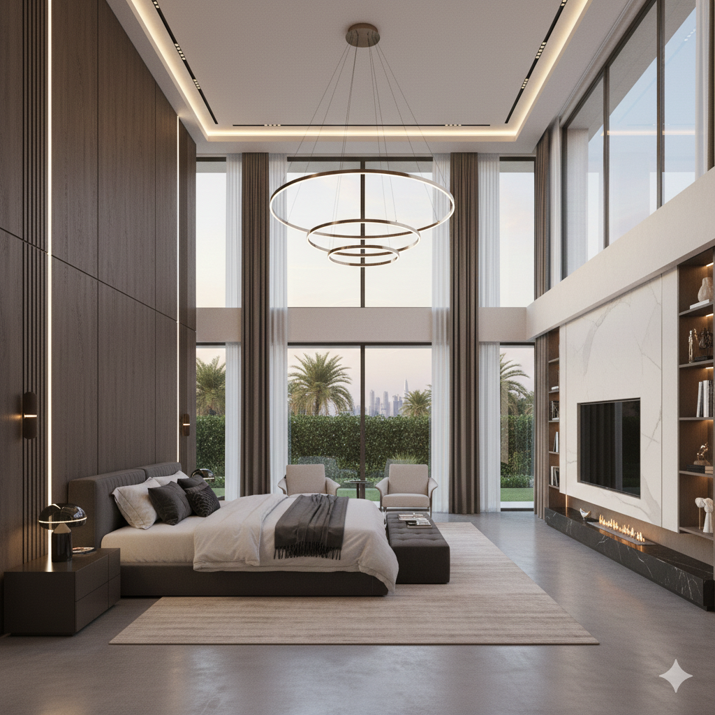 a bedroom with a large bed and a large window