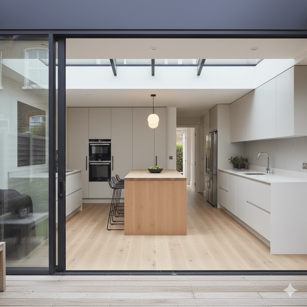 a kitchen with a large window and a table with a bowl of fruit