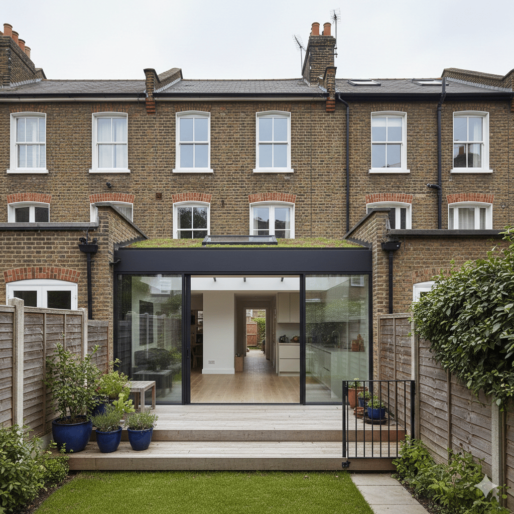 a house with a large glass door and a garden