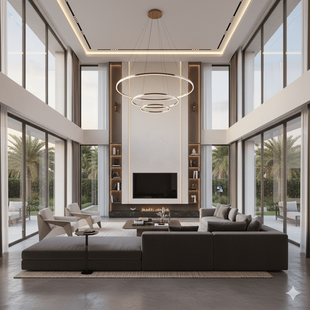 a living room with a large couch and a large window Nour Nagy designs