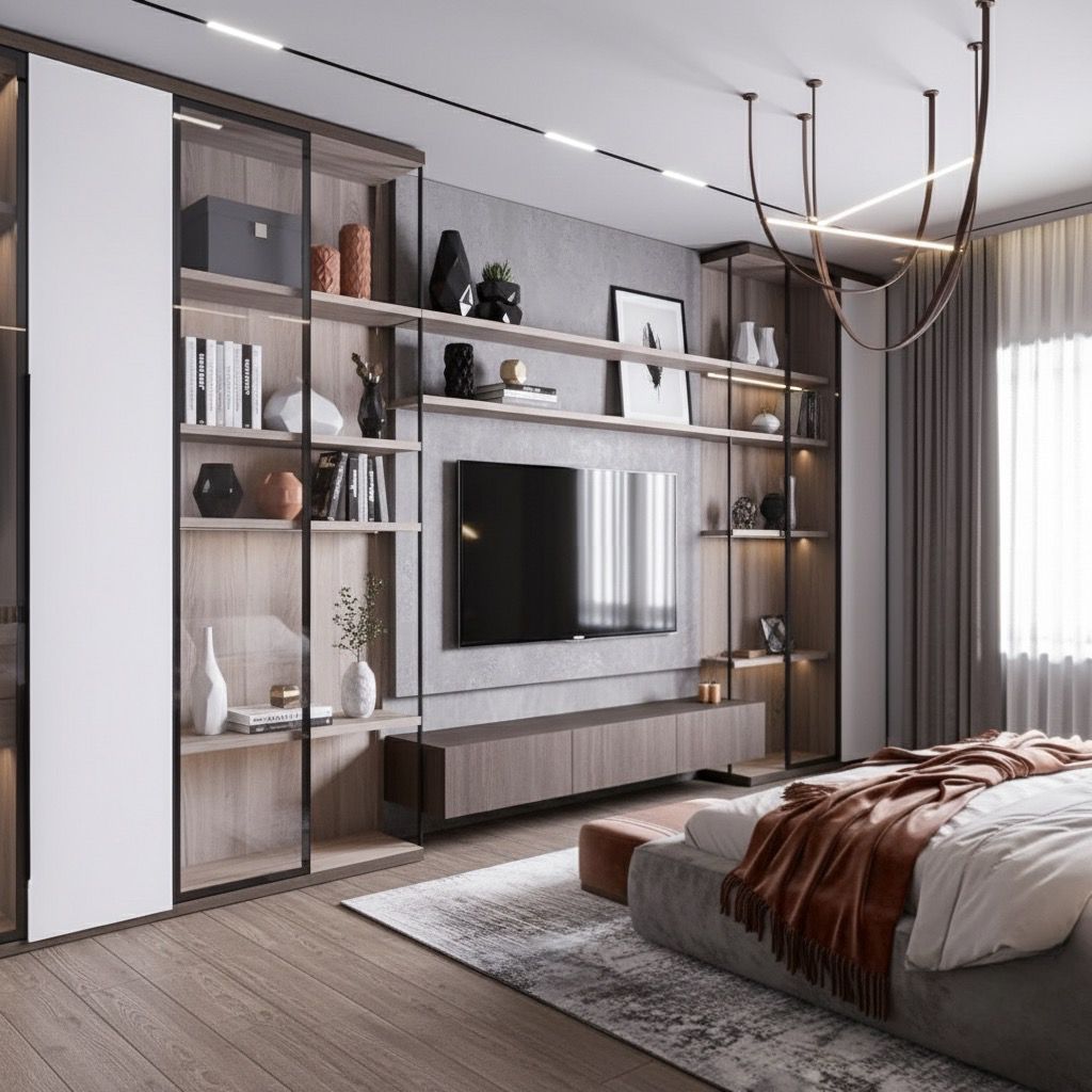 a bedroom with a bed, television, and a television Nour Nagy Designs