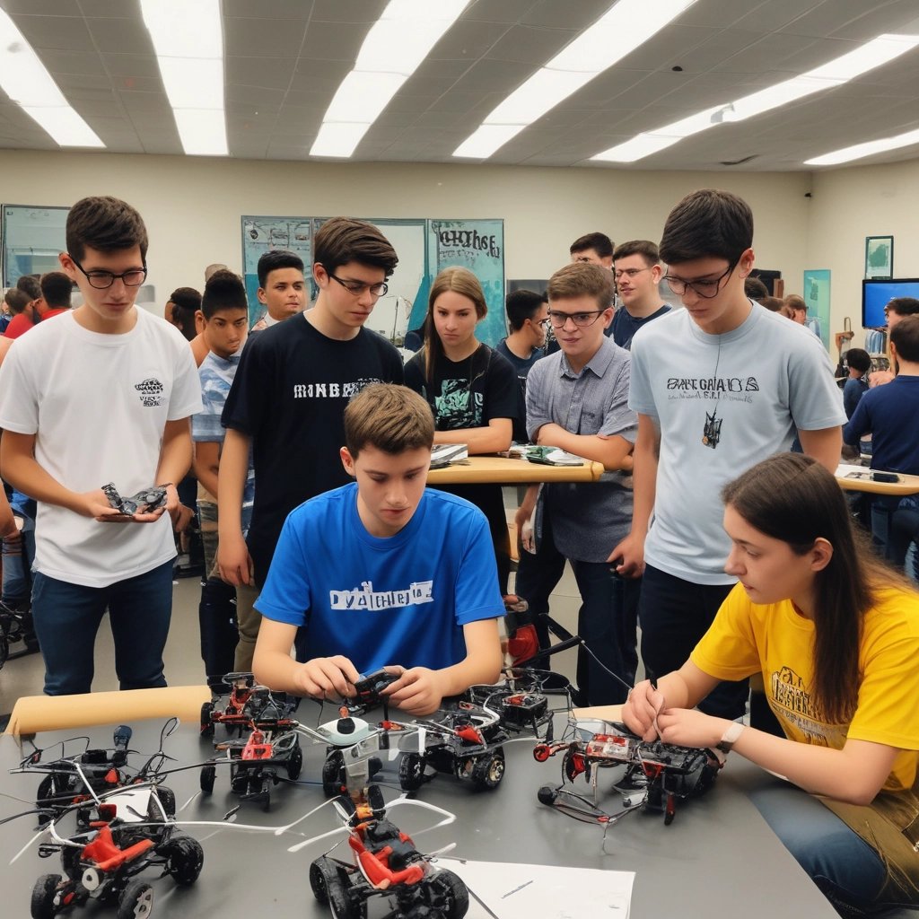 A large illuminated screen displays a tech-themed graphic with logos of various tech companies underneath. The setting appears to be an indoor event or conference with several spotlights beaming down, creating a dynamic atmosphere. Attendees are seated in front, silhouetted against the bright lights.