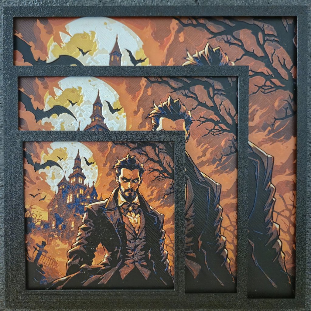 Panneau artistique 3D de Dracula et de son château gothique, disponible en trois tailles différentes