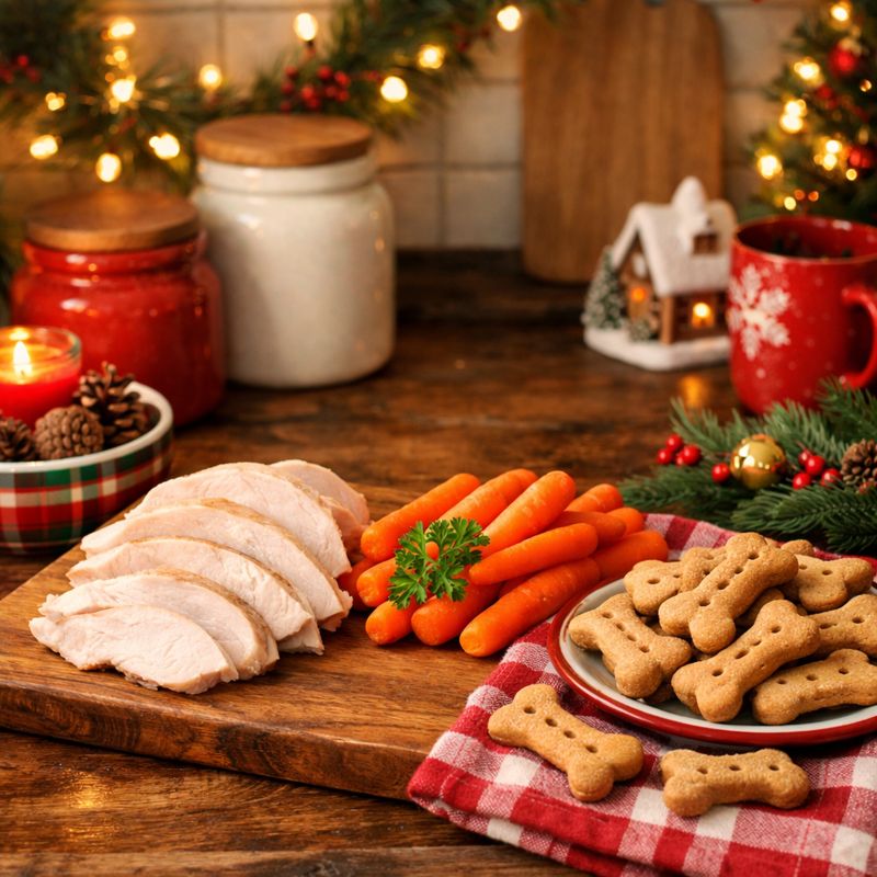 Pet-safe holiday treats arranged on a kitchen counter.