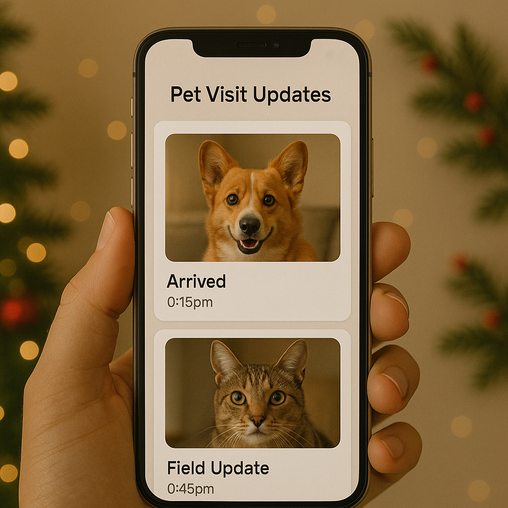 Phone showing real-time pet visit updates.