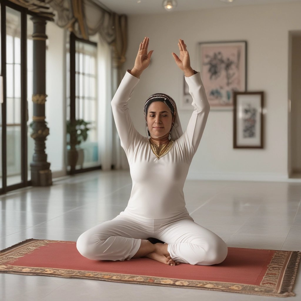 woman in hijab practicing online yoga from home in Dubai UAE