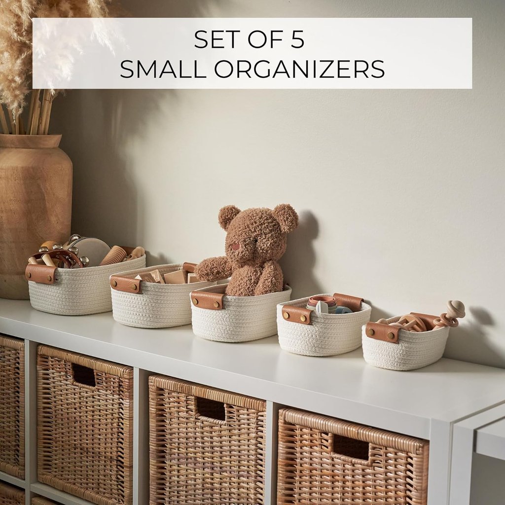 A collection of five small organizers in various colors, designed for efficient storage,organize