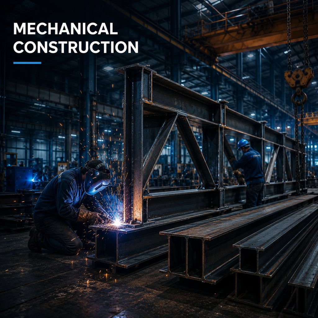 Industrial welder fabricating a steel beam for mechanical construction in a large factory setting.