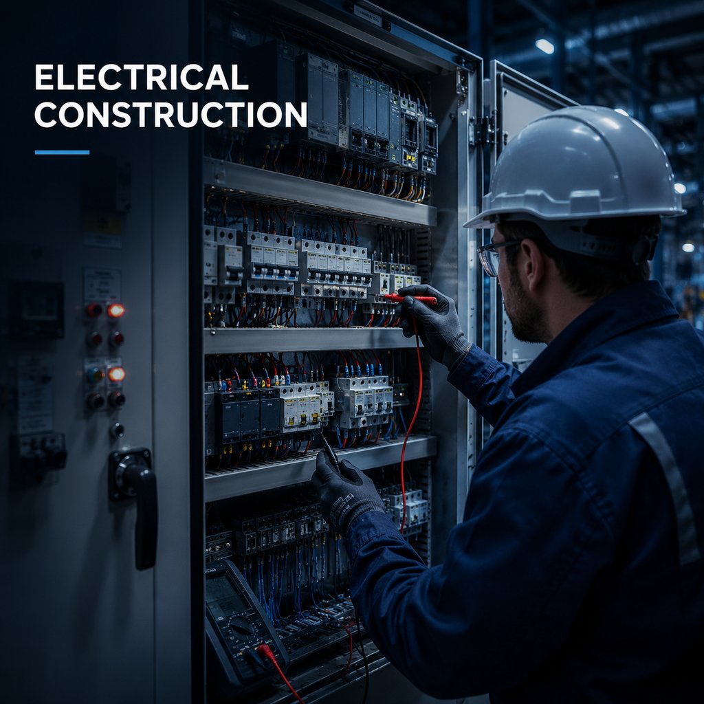 An electrician in a hard hat performing electrical construction on an industrial control panel.