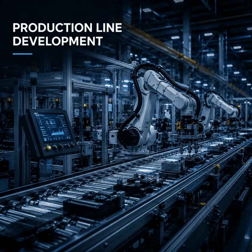 Automated industrial production line featuring robotic arms and conveyor belts in a modern smart factory.