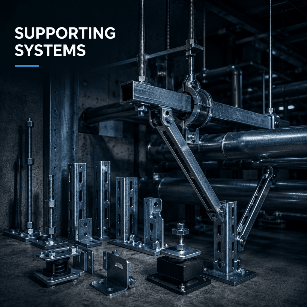 Industrial metal pipe supporting systems and strut channel hardware in a factory setting.