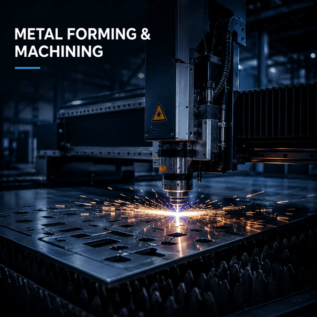 Industrial fiber laser cutting machine performing precision metal forming and machining with sparks.
