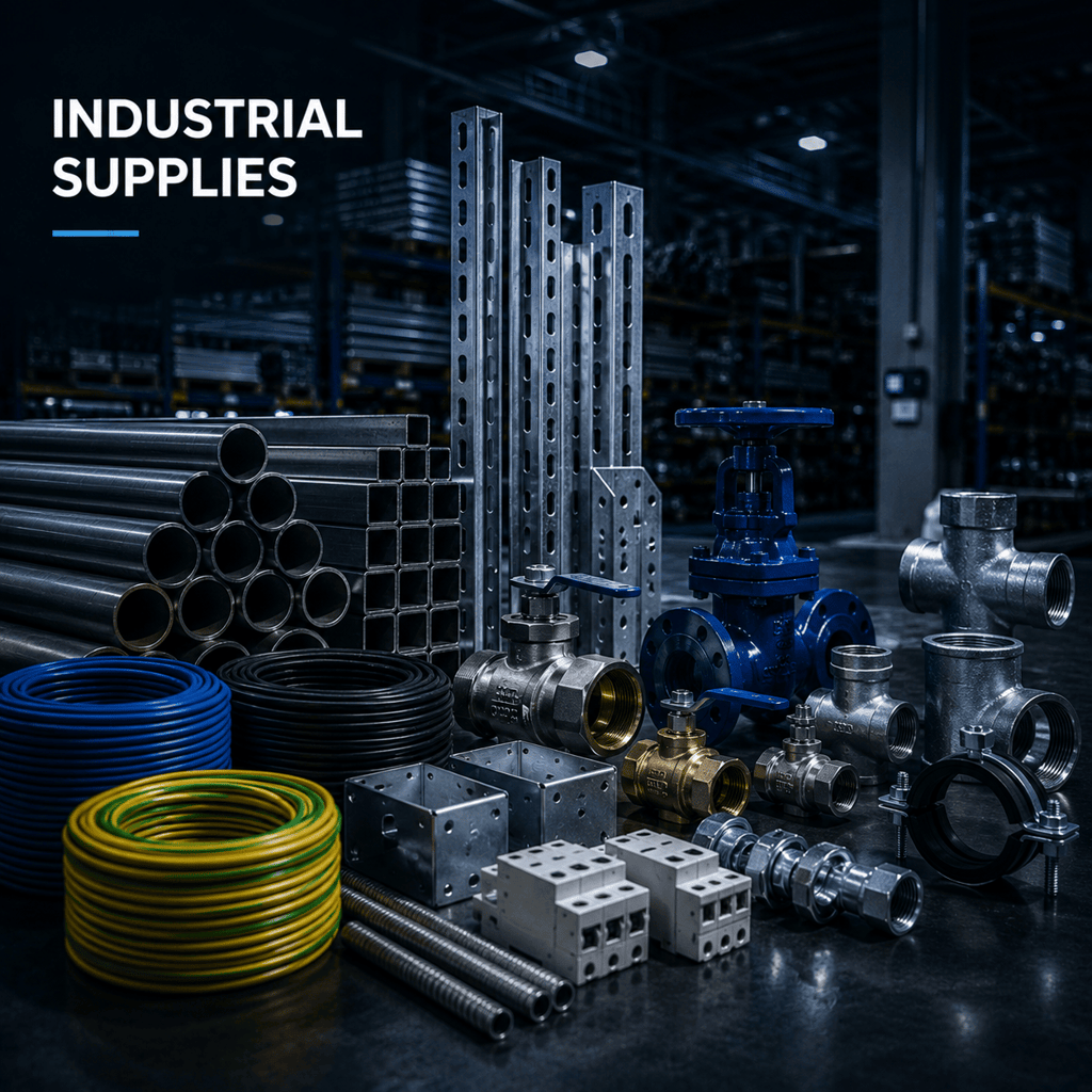 Collection of industrial supplies including steel pipes, valves, fittings, and cables in a warehouse.