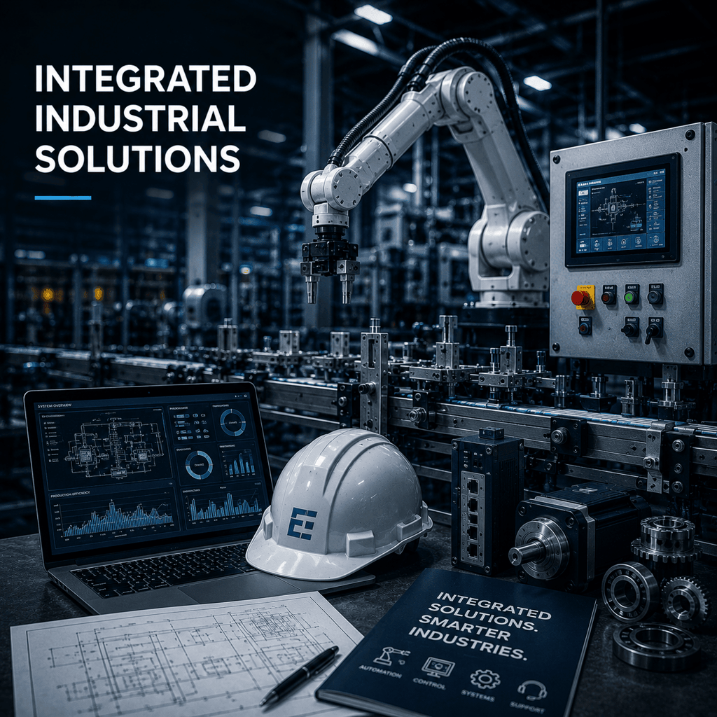 Integrated industrial automation solutions featuring a robotic arm, control panel, and factory monitoring software.