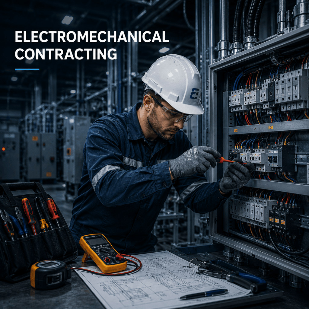 An electromechanical technician in a hard hat repairing an electrical control panel with tools.