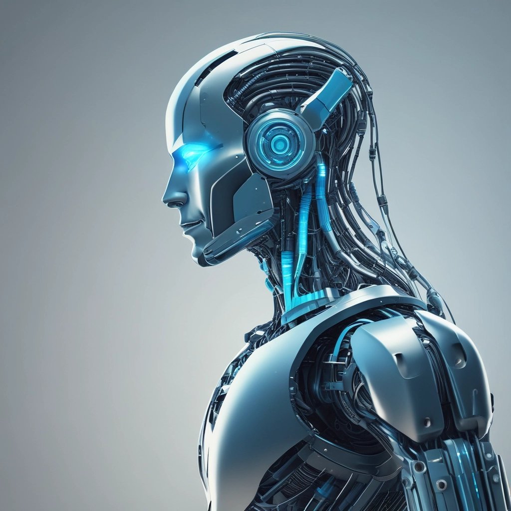 Perfil lateral de um robô humanoide futurista prateado com olhos azuis brilhantes e fiação mecânica