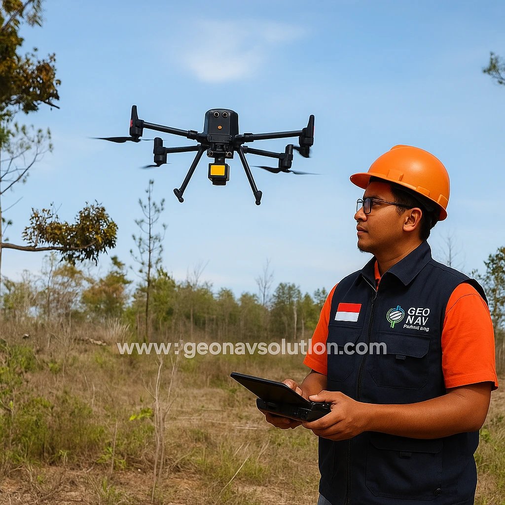 Surveyor Indonesia dari GeoNav Solution mengenakan rompi kerja sedang mengoperasikan drone CHCNAV X5