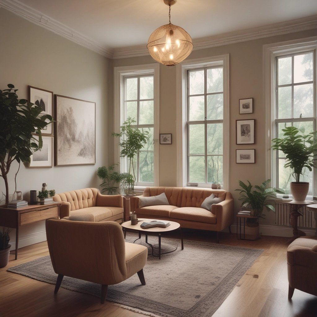 A professional consultation setting with a medical professional sitting at a desk facing a client. The room has a modern aesthetic with white walls decorated with framed certificates. The desk is organized with office supplies, a laptop, and a fruit bowl in the center.