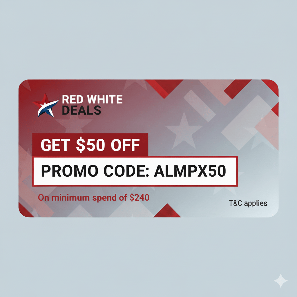 $50% off coupon code image of red white deals