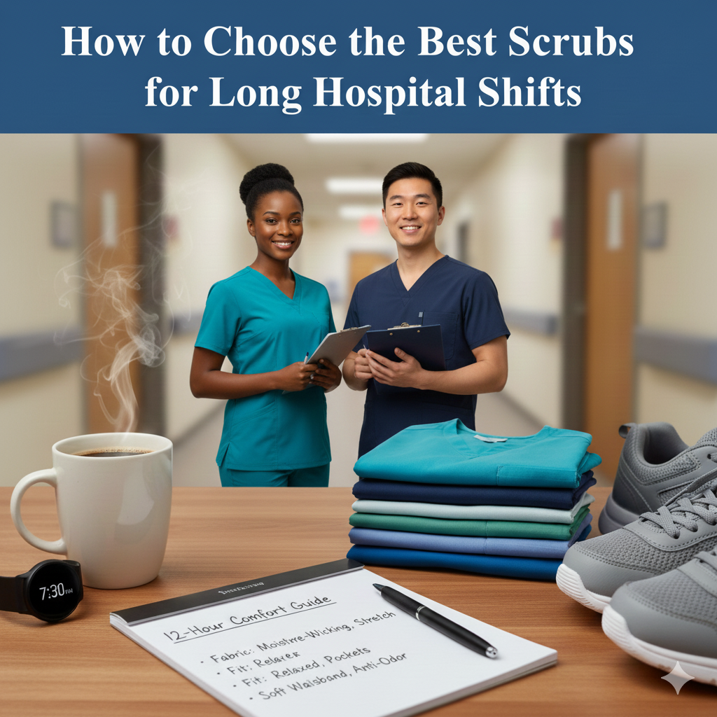 A high-quality  graphic featuring a stack of neatly folded medical scrubs in various shades