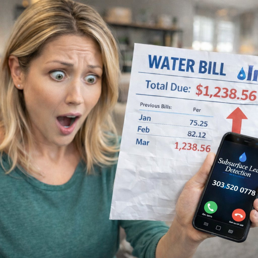 woman holding water bill and calling subsurface leak detection 