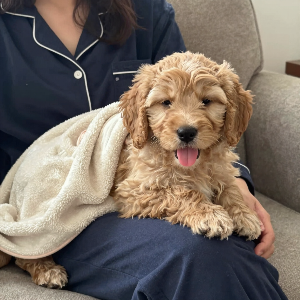 A cute Goldendoodle puppy with fluffy brown fur sitting on a person's lap covered with a flublanket.