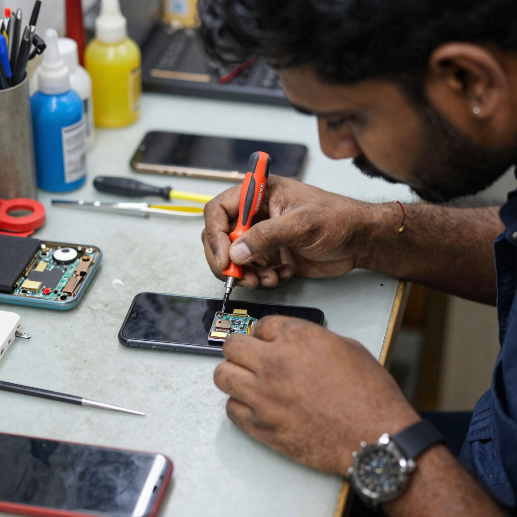 A technician carefully repairing a smartphone with tools on a clean workbench under focused lighting.