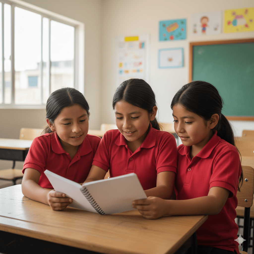 Tres niñas de primaria con uniforme rojo leyendo juntas un cuaderno en el aula