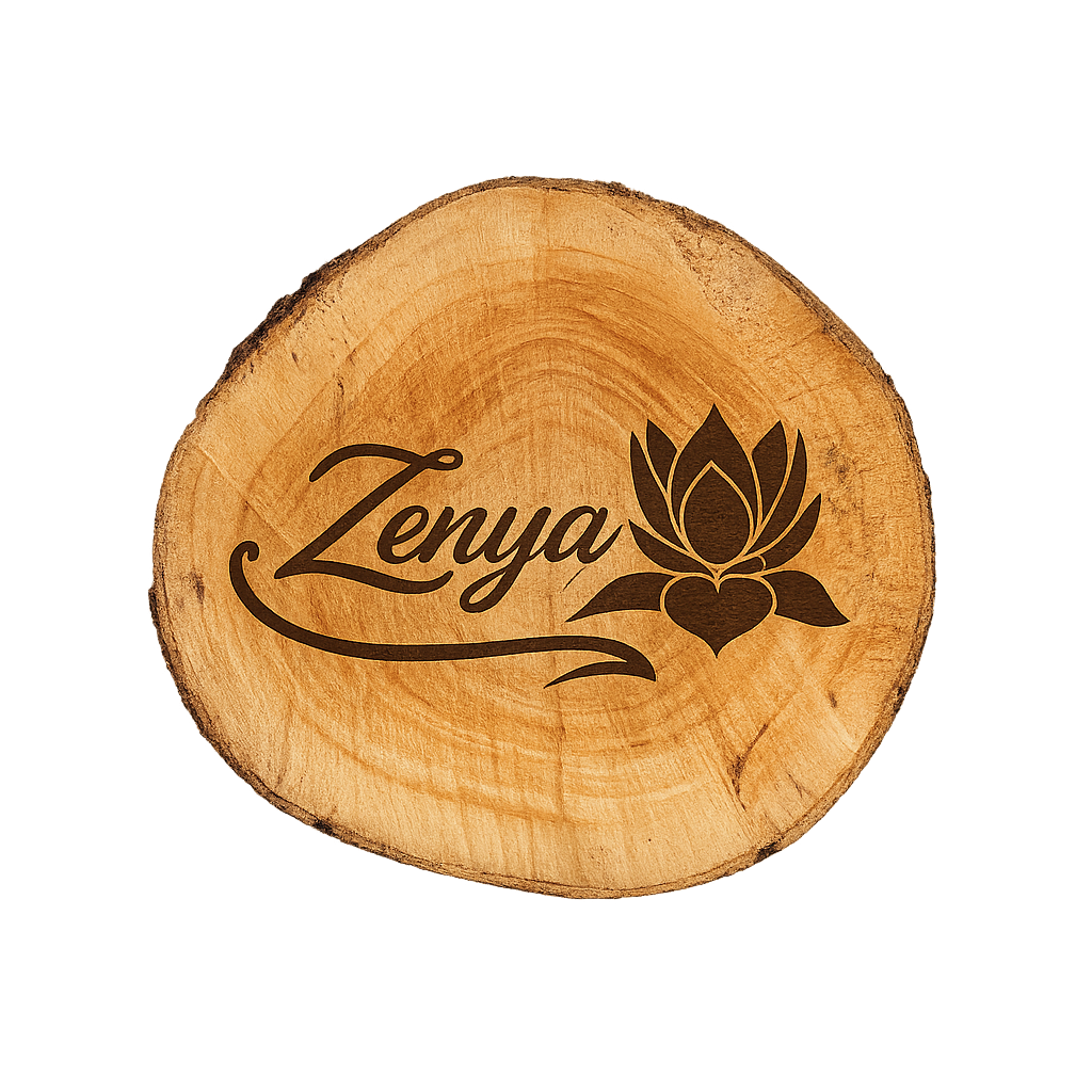 Logotipo de Zenya grabado sobre madera natural estilo rústico, acompañado de testimonio de clienta.