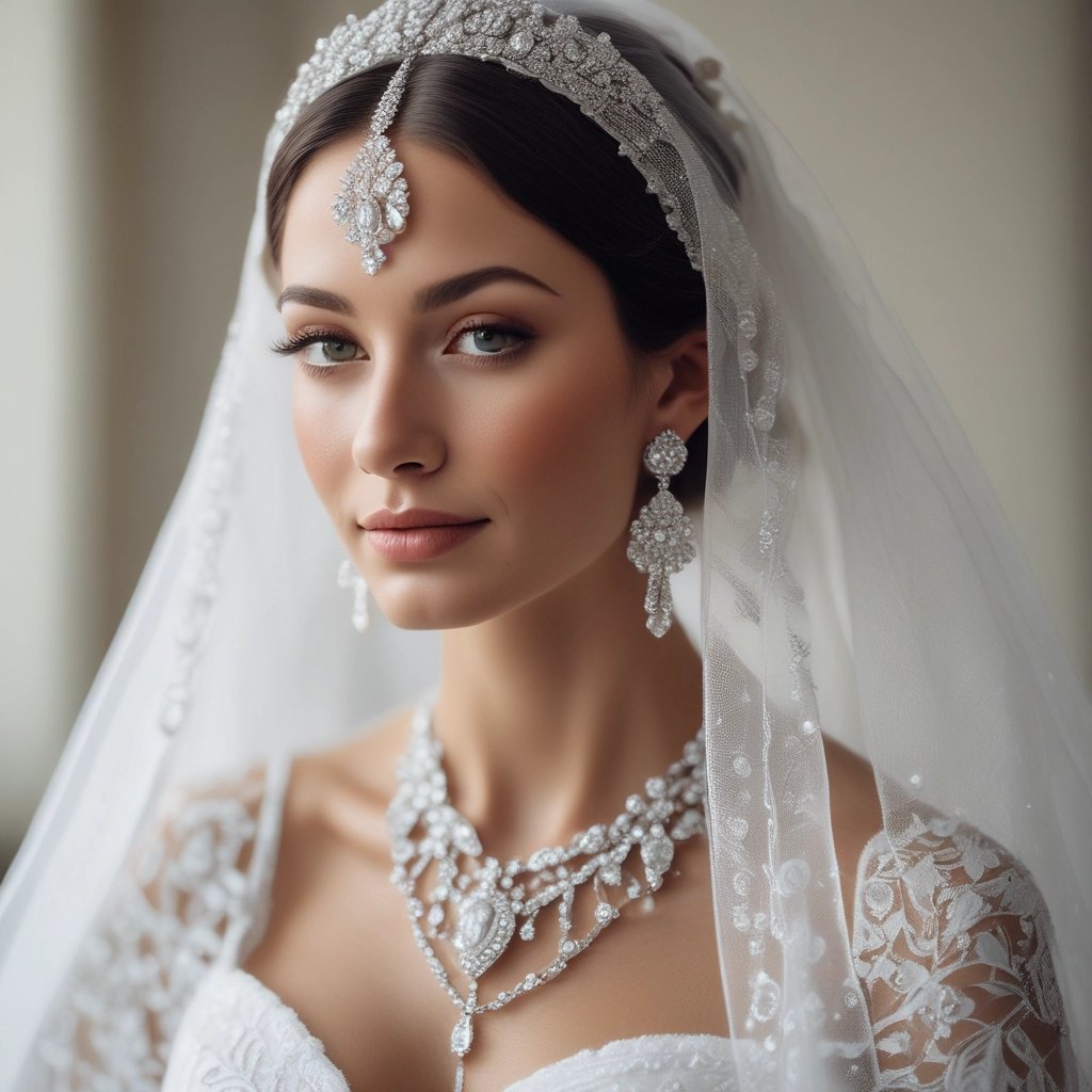 Elegant bride wearing a white veil and a luxurious diamond jewelry set with a necklace and headpiece.