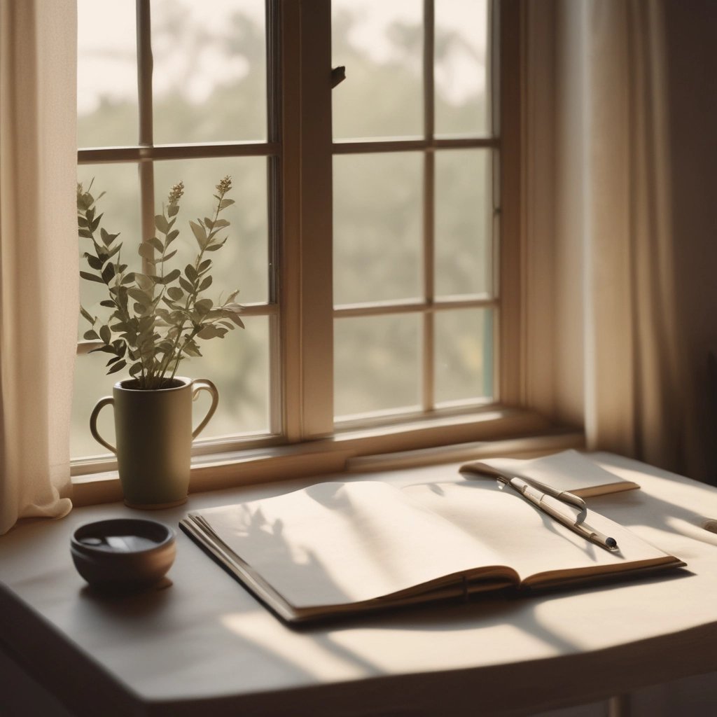 A serene workspace with soft natural light filtering through sheer curtains onto a simple desk with a notebook and pen.