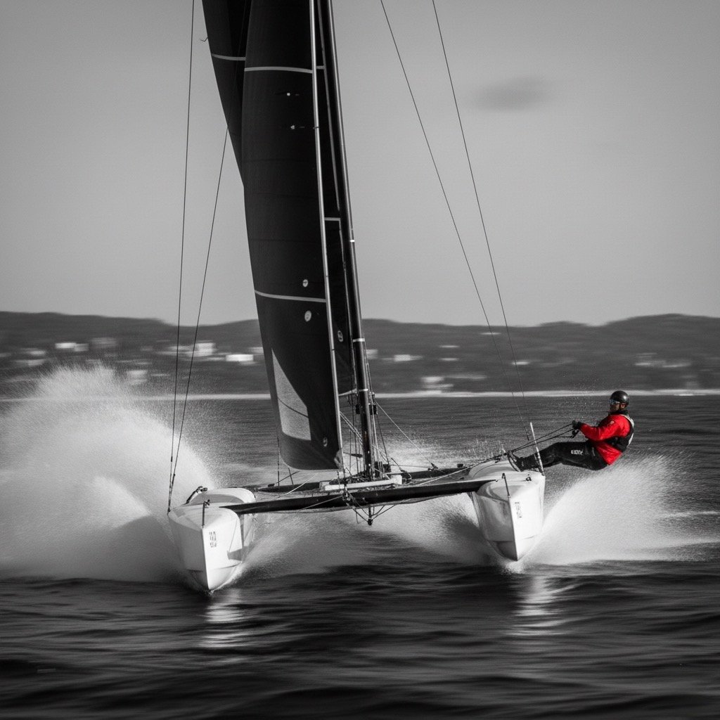 a man in a red jacket is riding a sailboat