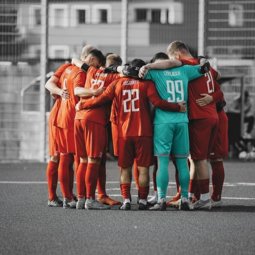 a group of soccer players huddle around a soccer field